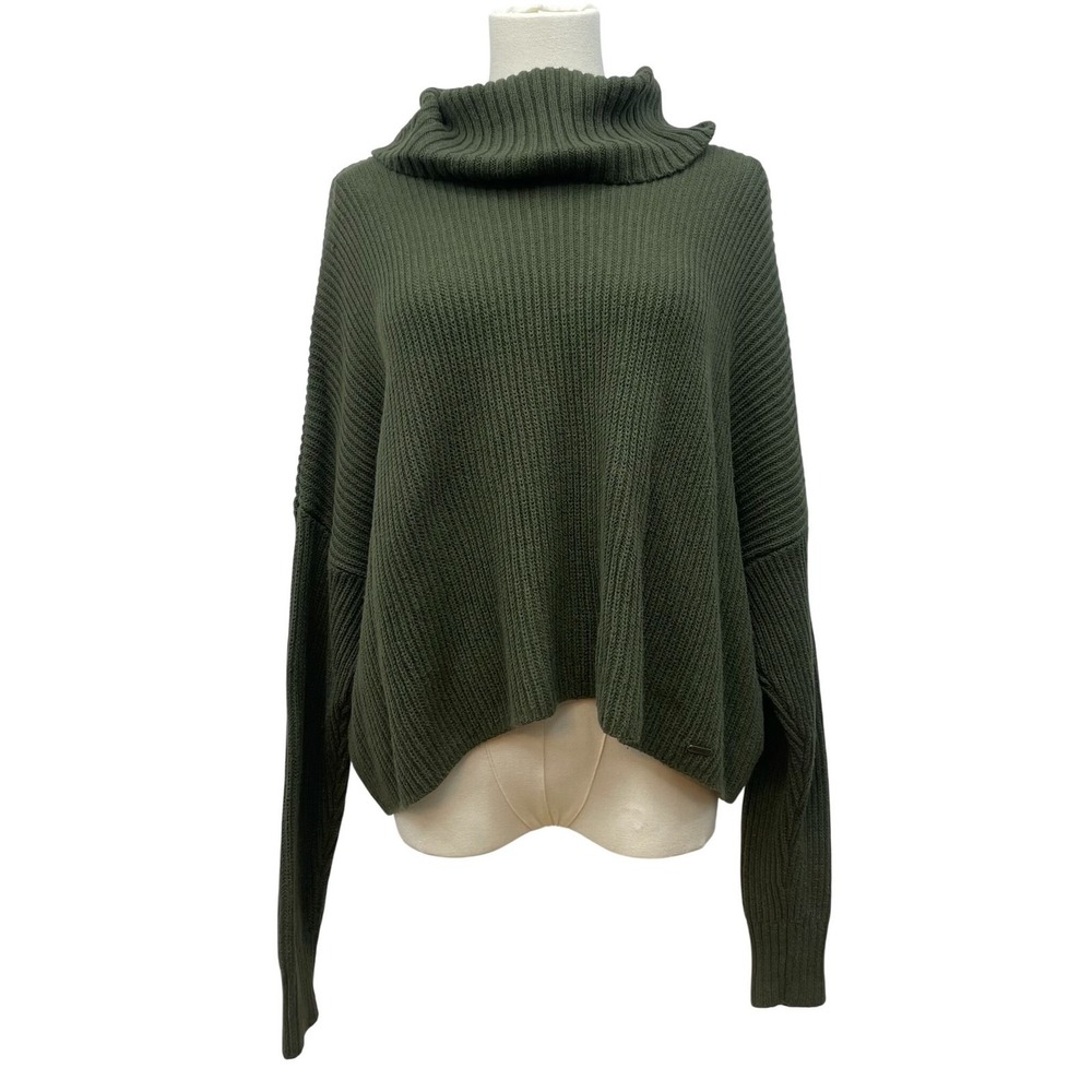 Cropped Turtleneck Sweater Womens Small Green Oversized Ribbed Hollister